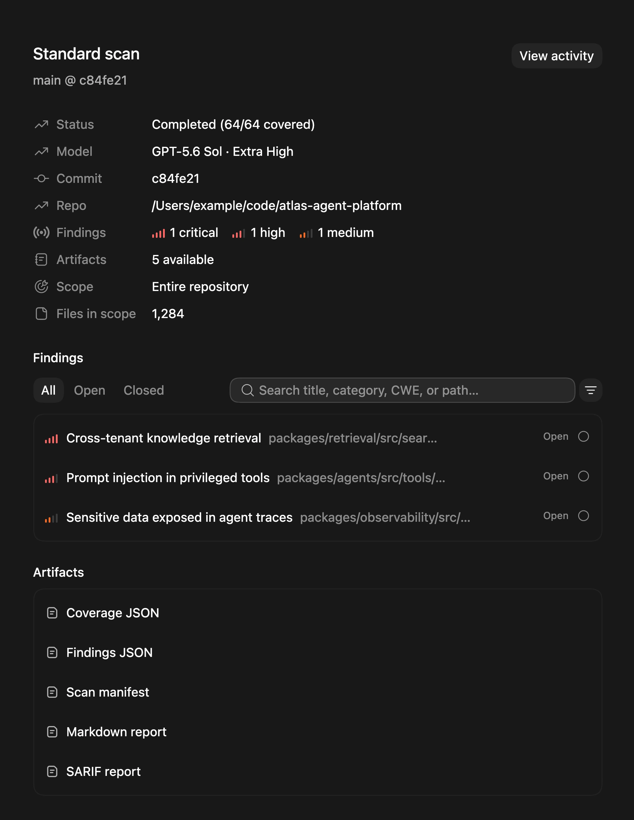 Completed Codex Security scan showing findings in the native workbench