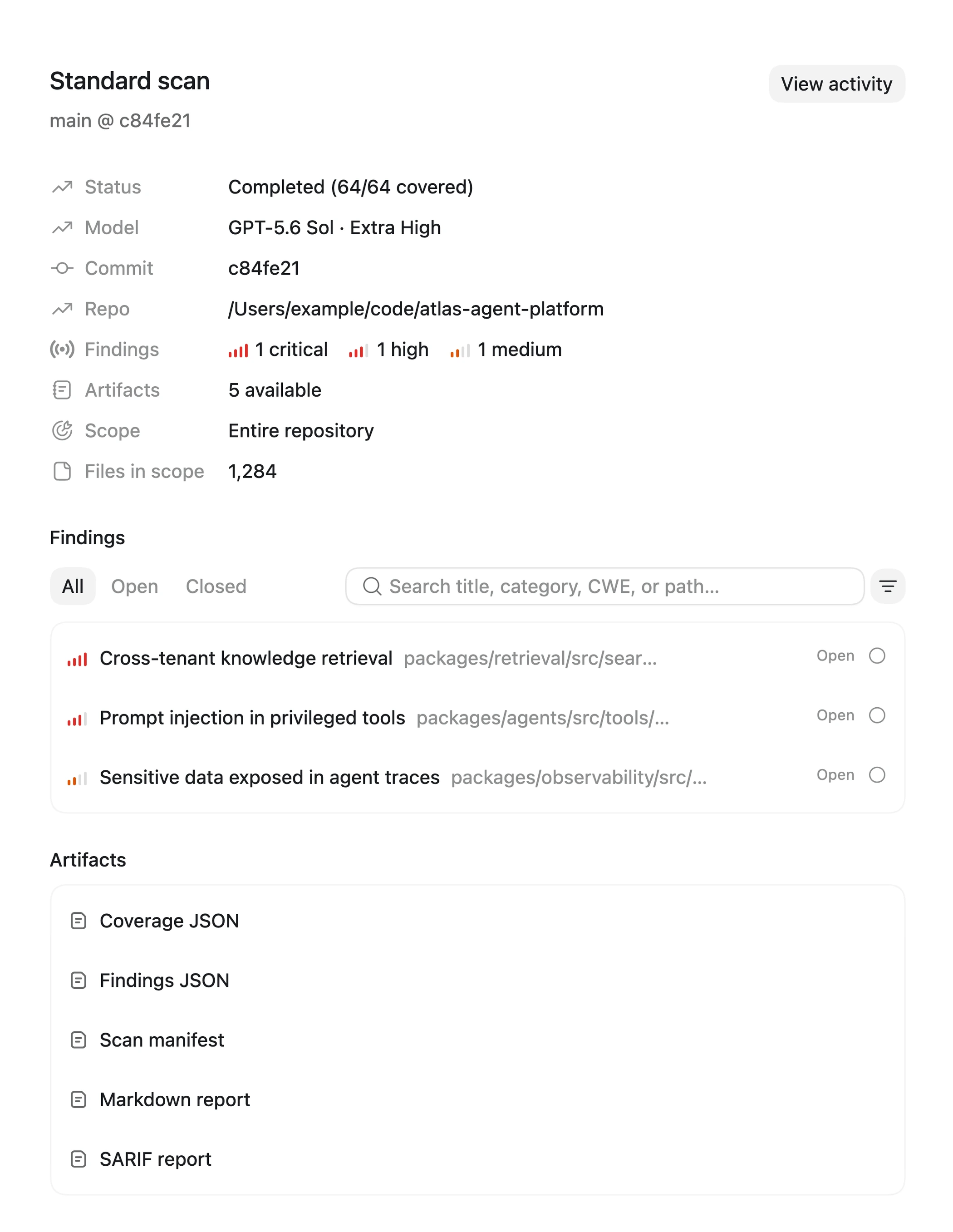 Completed Codex Security scan showing findings in the native workbench