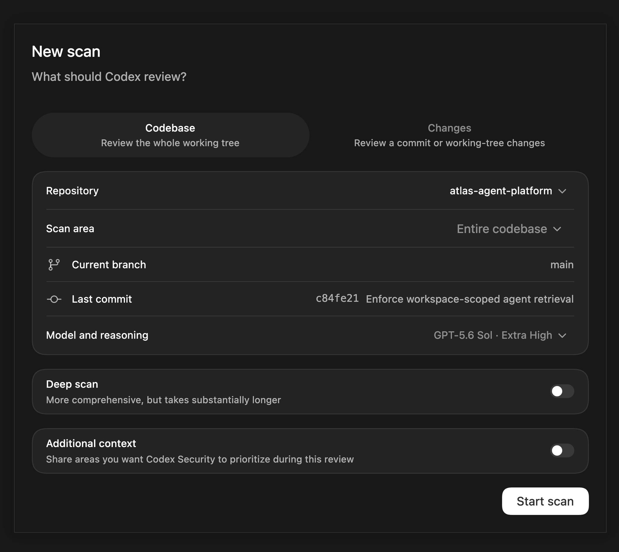 Native Codex Security workbench showing the new scan setup before a repository scan starts