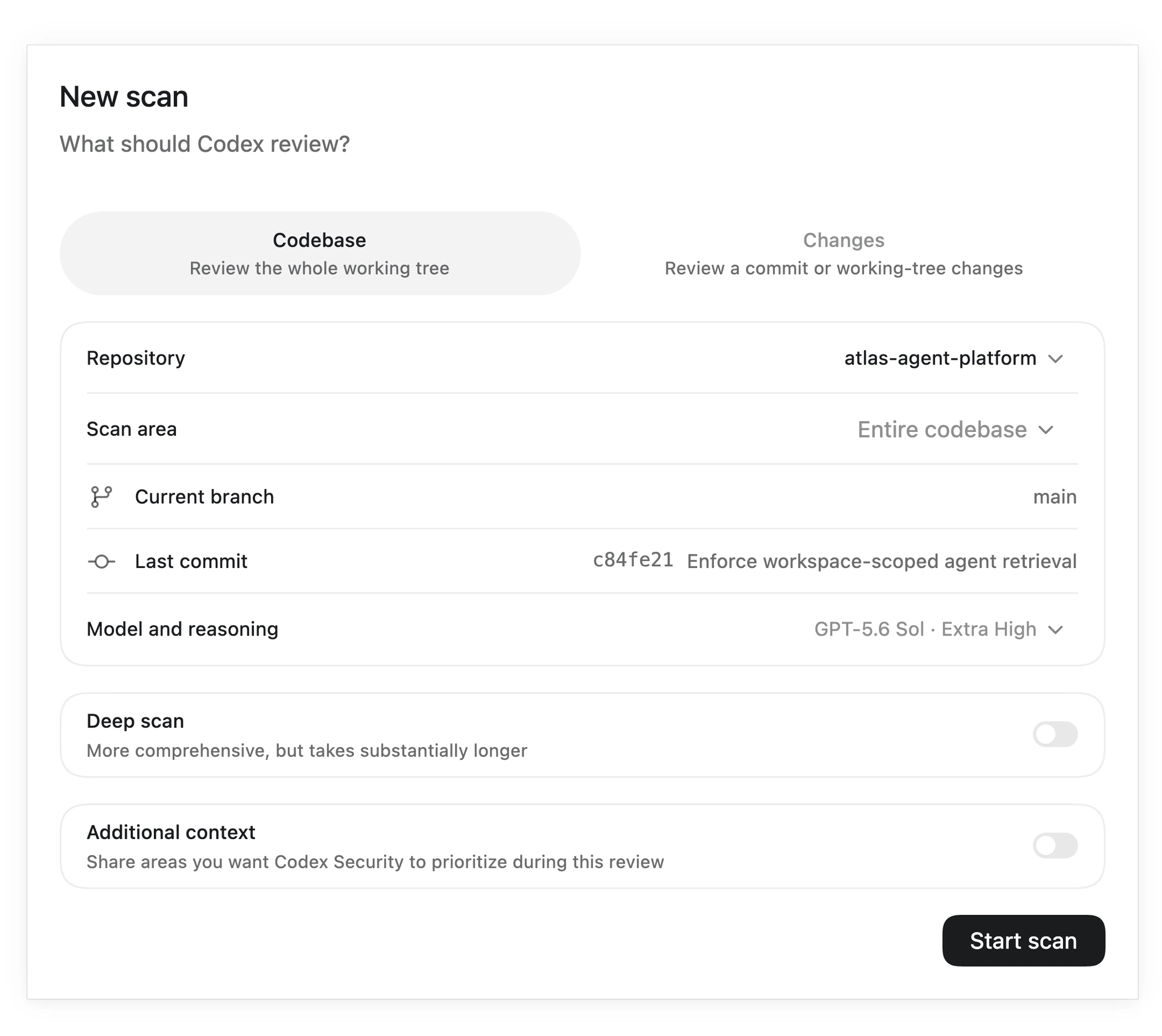 Native Codex Security workbench showing the new scan setup before a repository scan starts