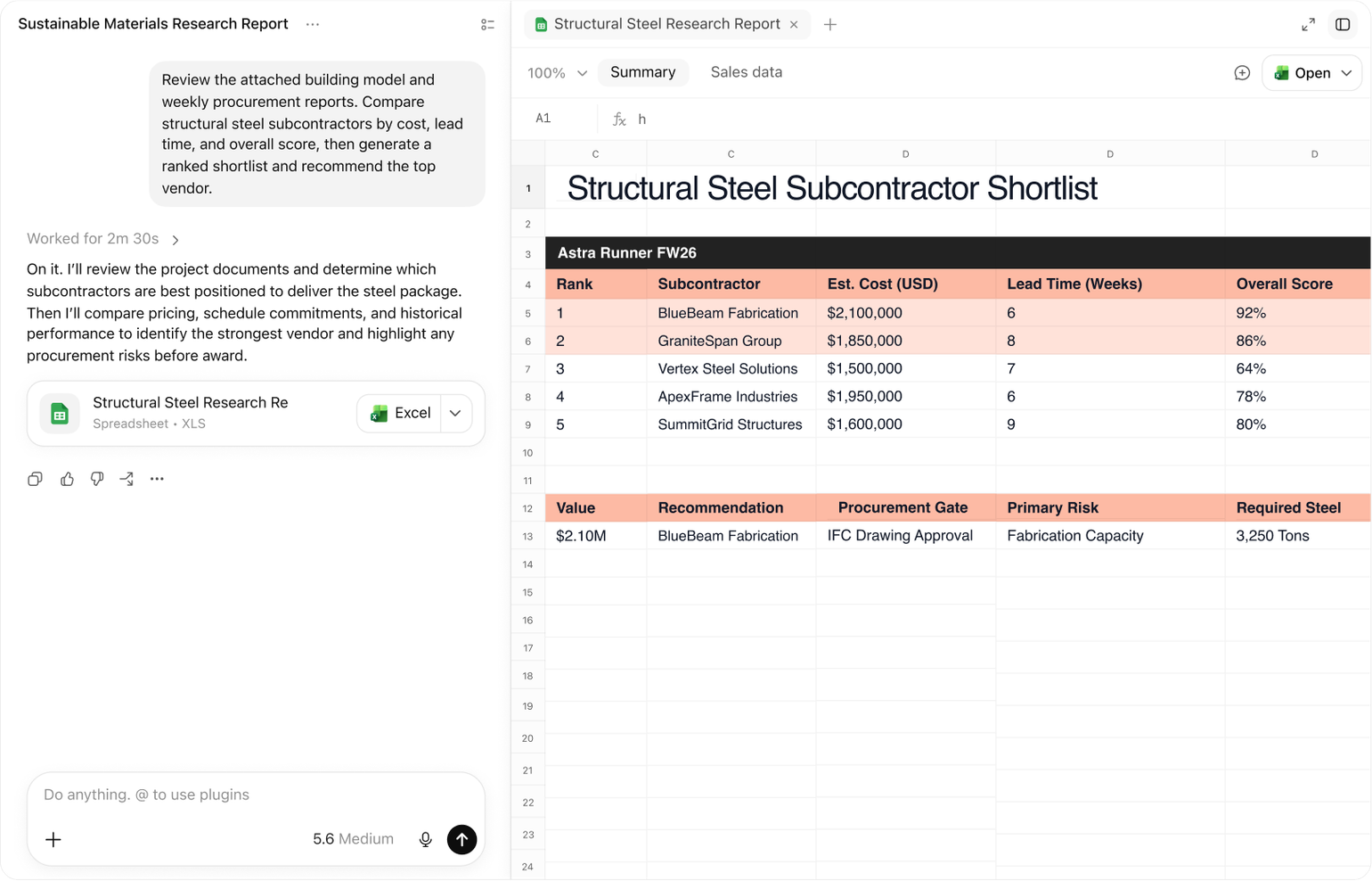 ChatGPT Work comparing vendors in a spreadsheet