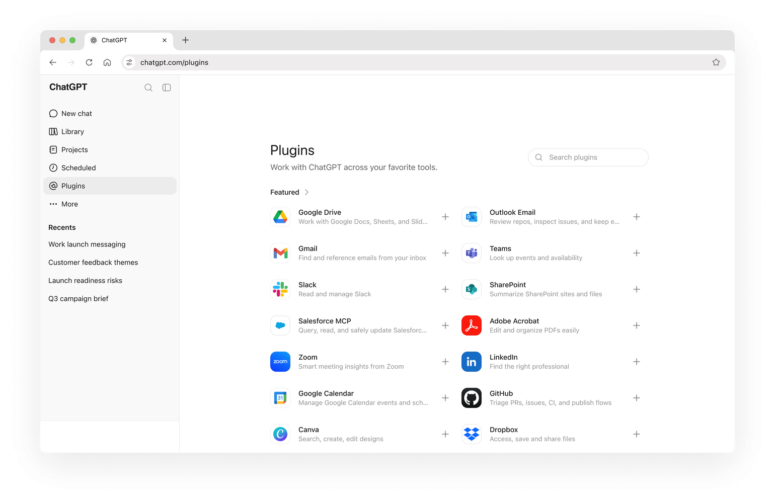ChatGPT plugin directory showing connected work tools