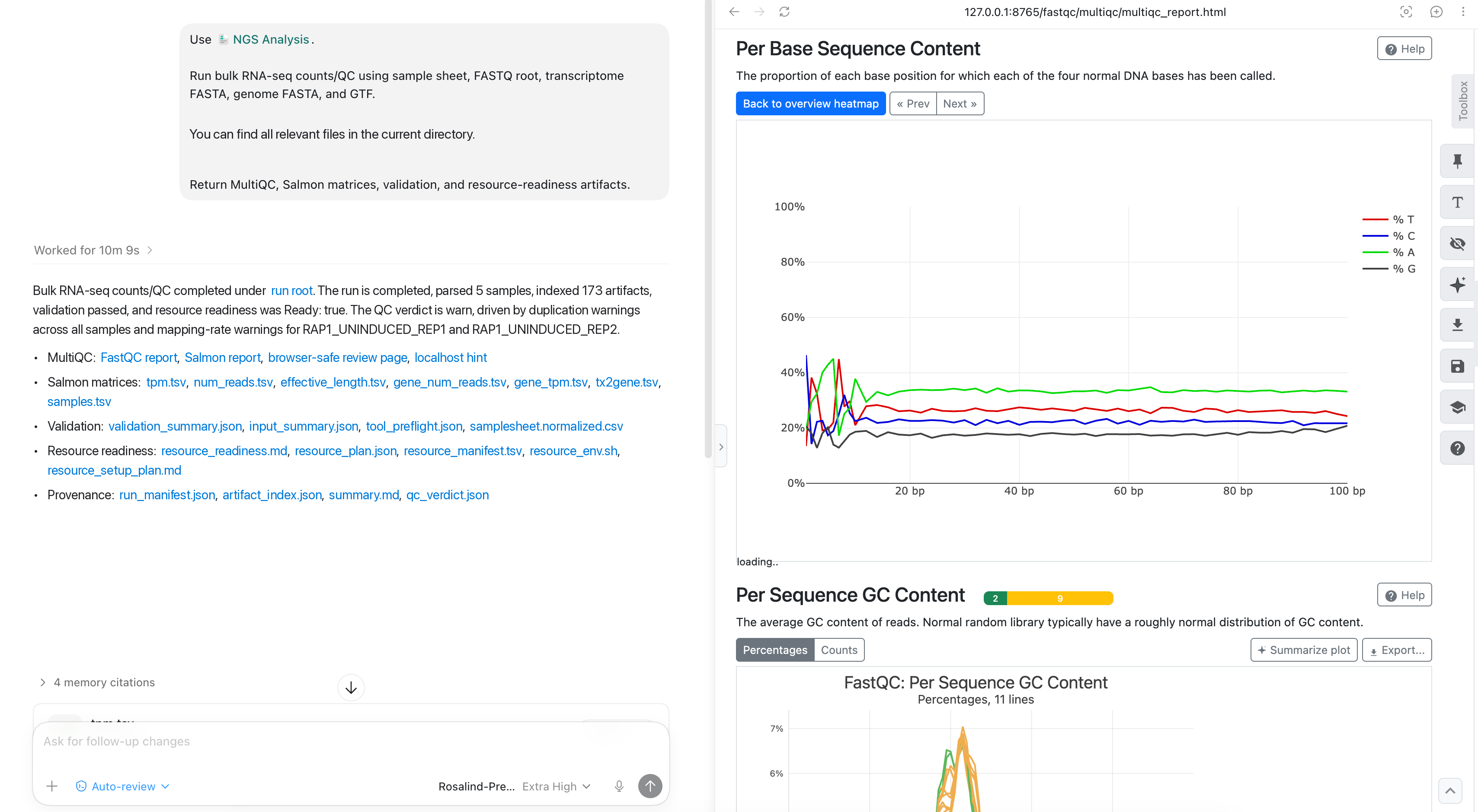 Review FastQC sequence-content warnings alongside the bulk RNA-seq run summary.