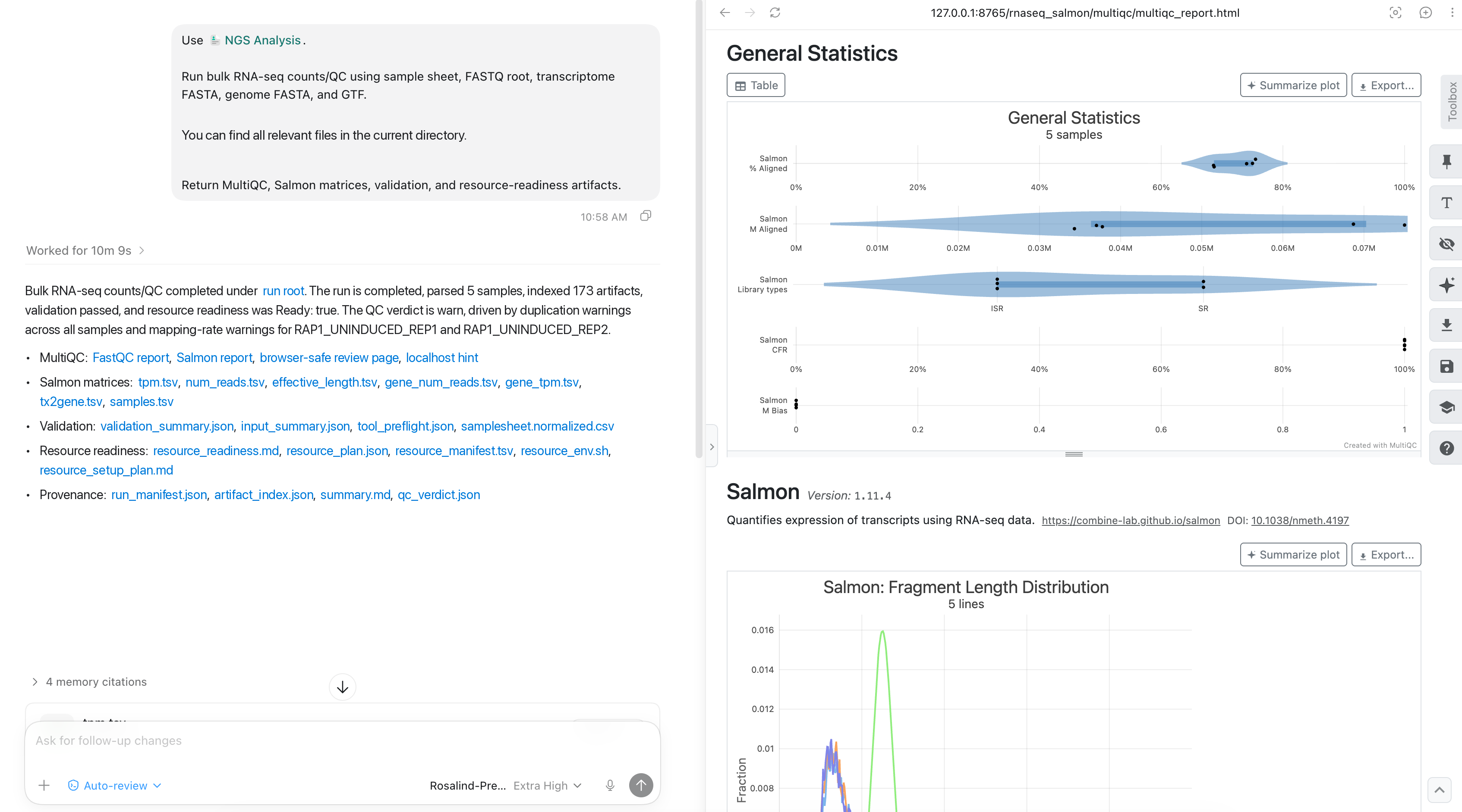 Inspect Salmon alignment and library-type statistics from the generated MultiQC report.