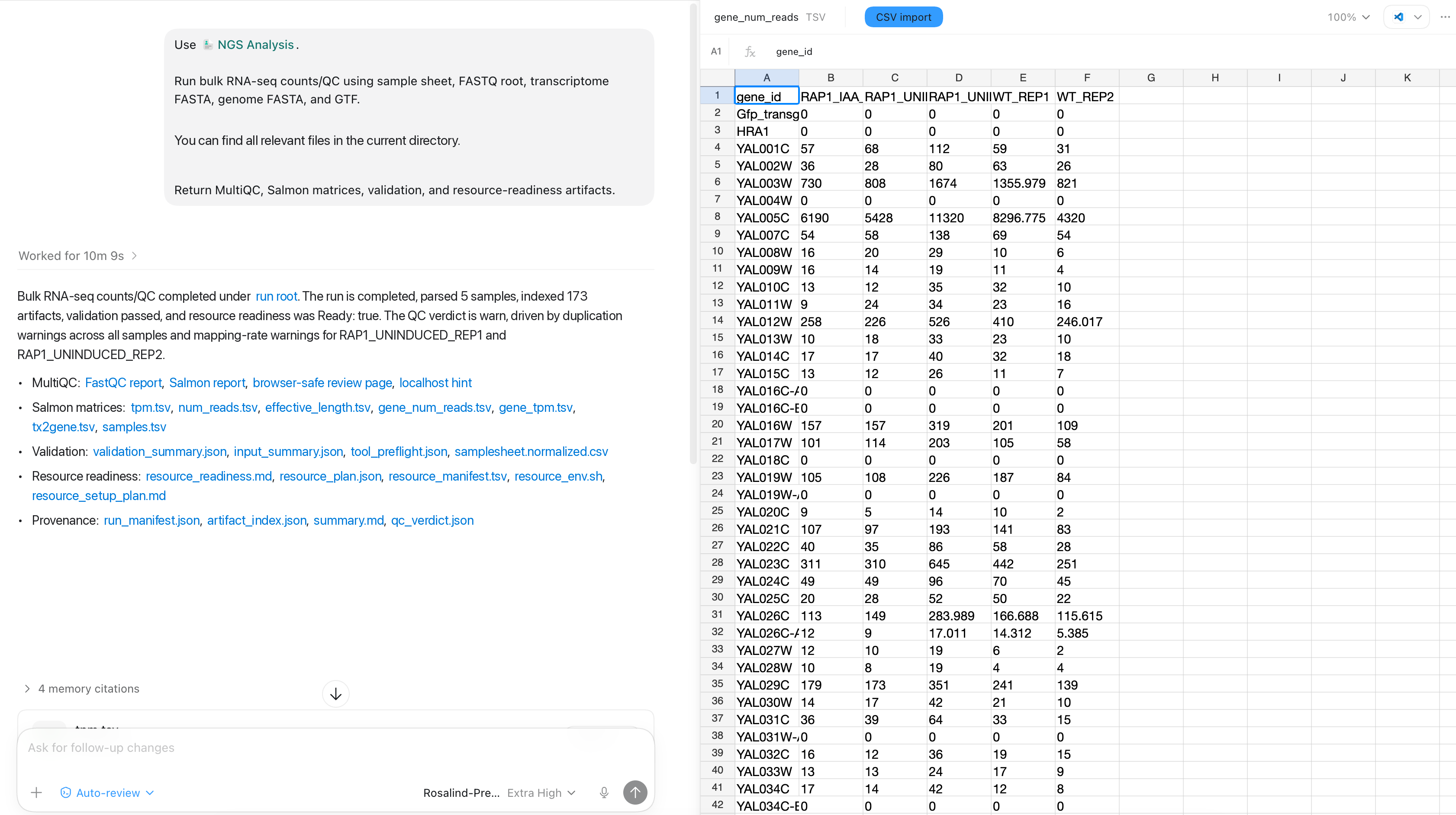 Open the generated gene-level count matrix for downstream review.
