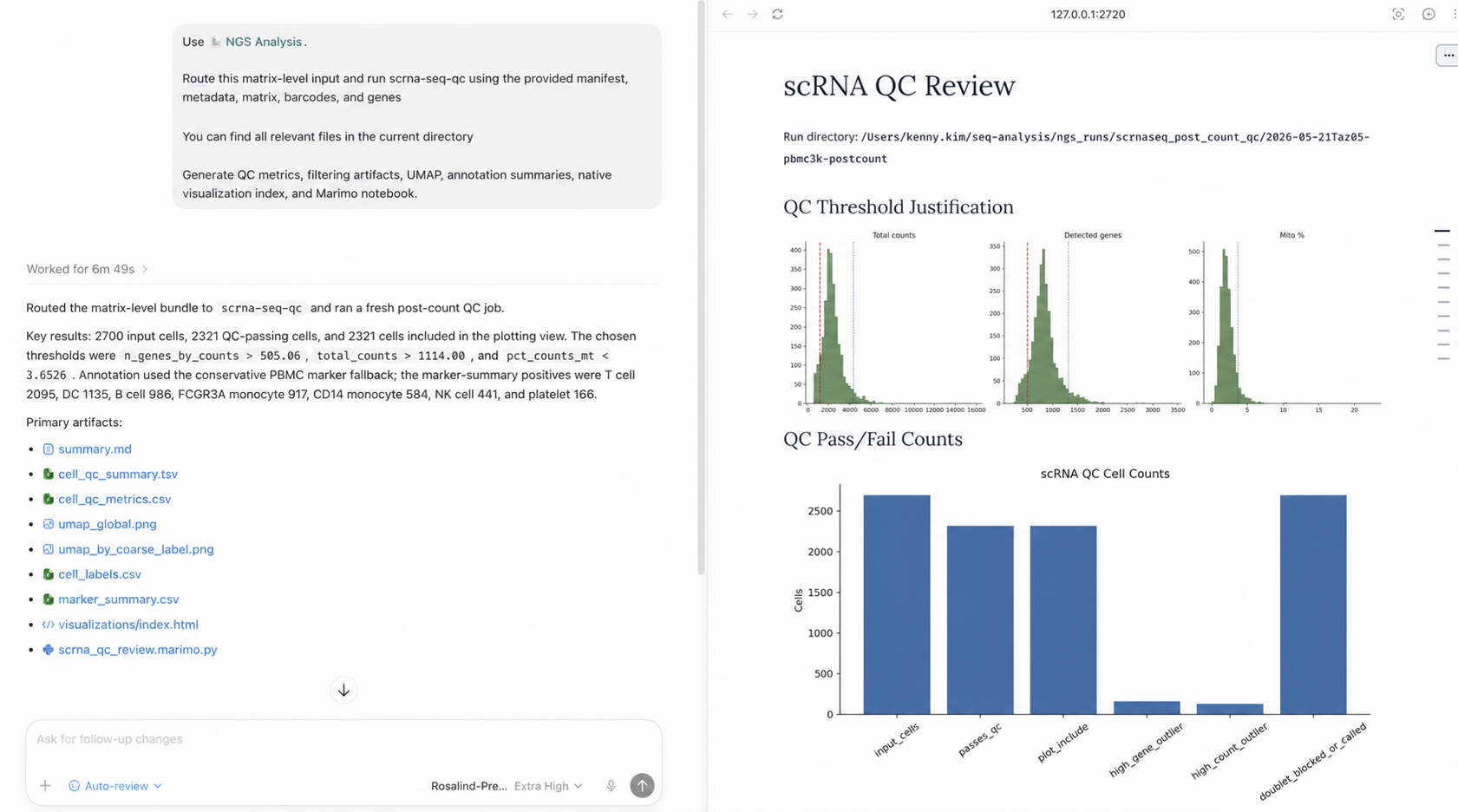 Review threshold-justification plots and QC pass or fail counts for a single-cell run.