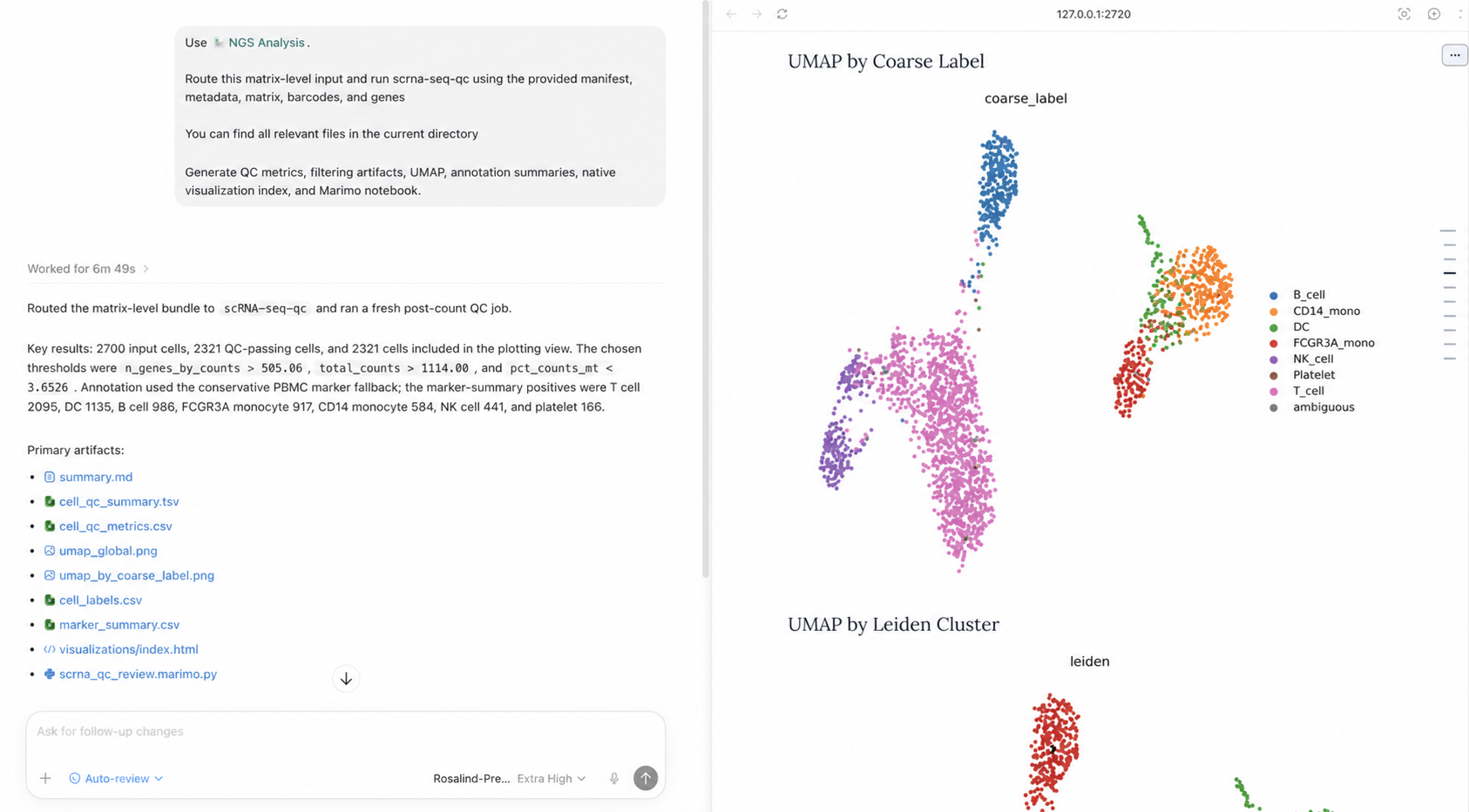Inspect UMAP plots by coarse label and Leiden cluster.