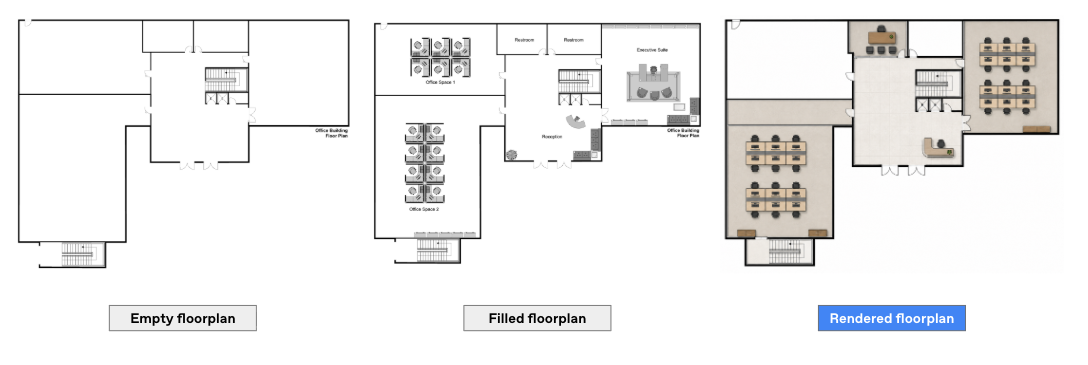 Run 1: empty floorplan, filled floorplan, and rendered floorplan