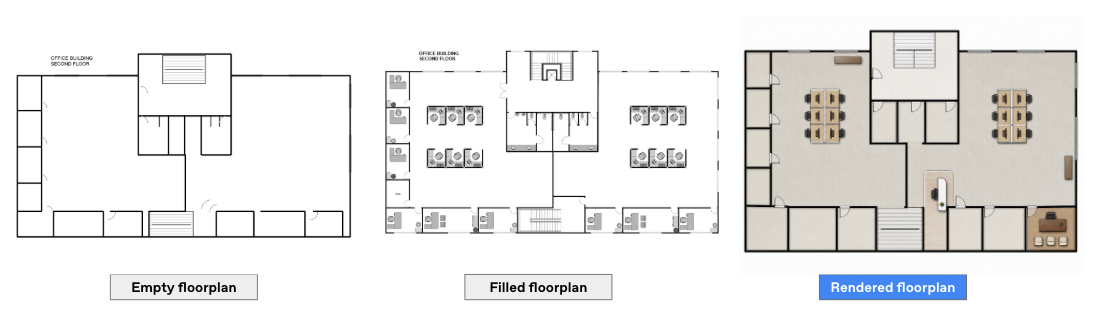 Run 2: empty floorplan, filled floorplan, and rendered floorplan