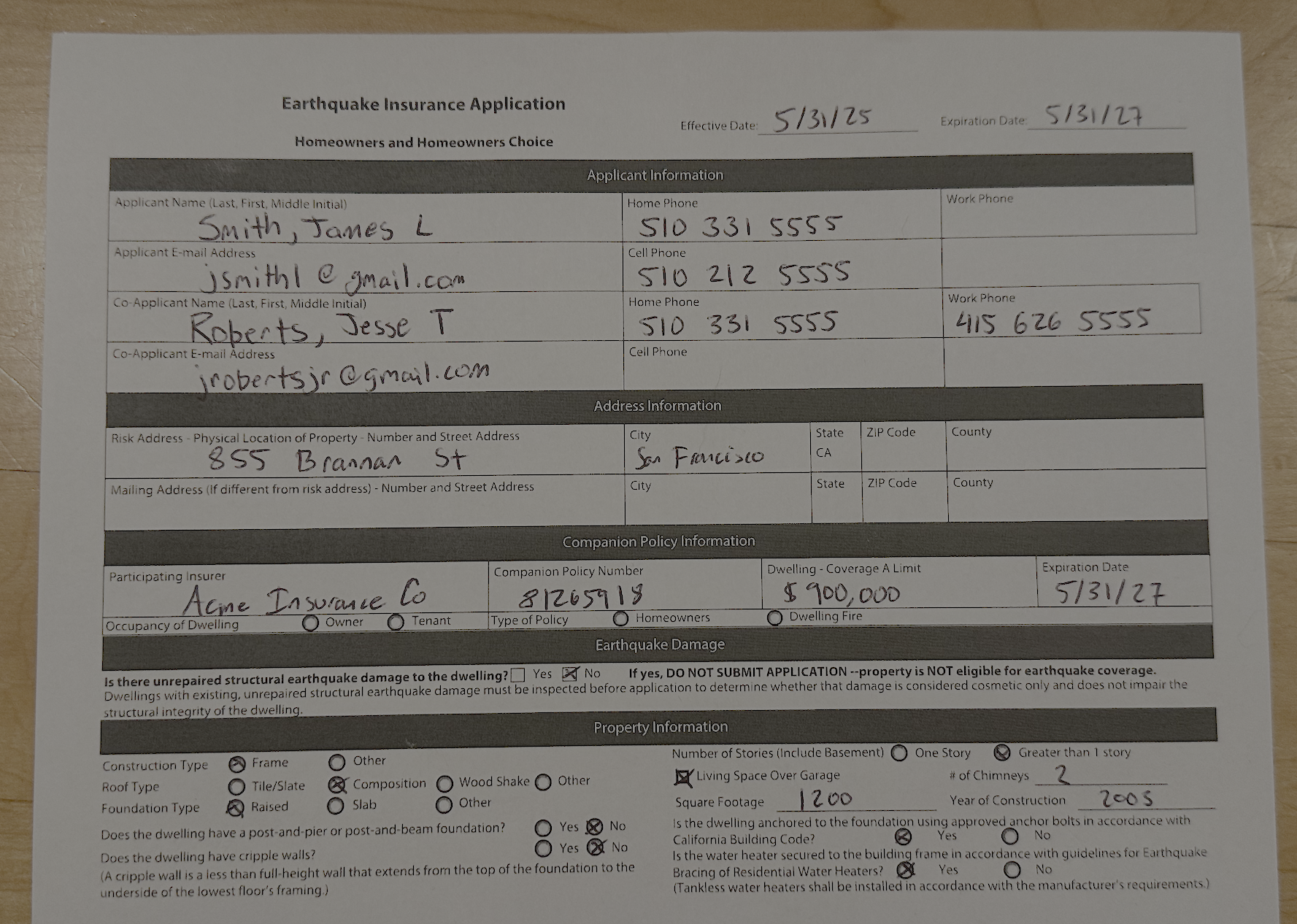 Handwritten insurance form