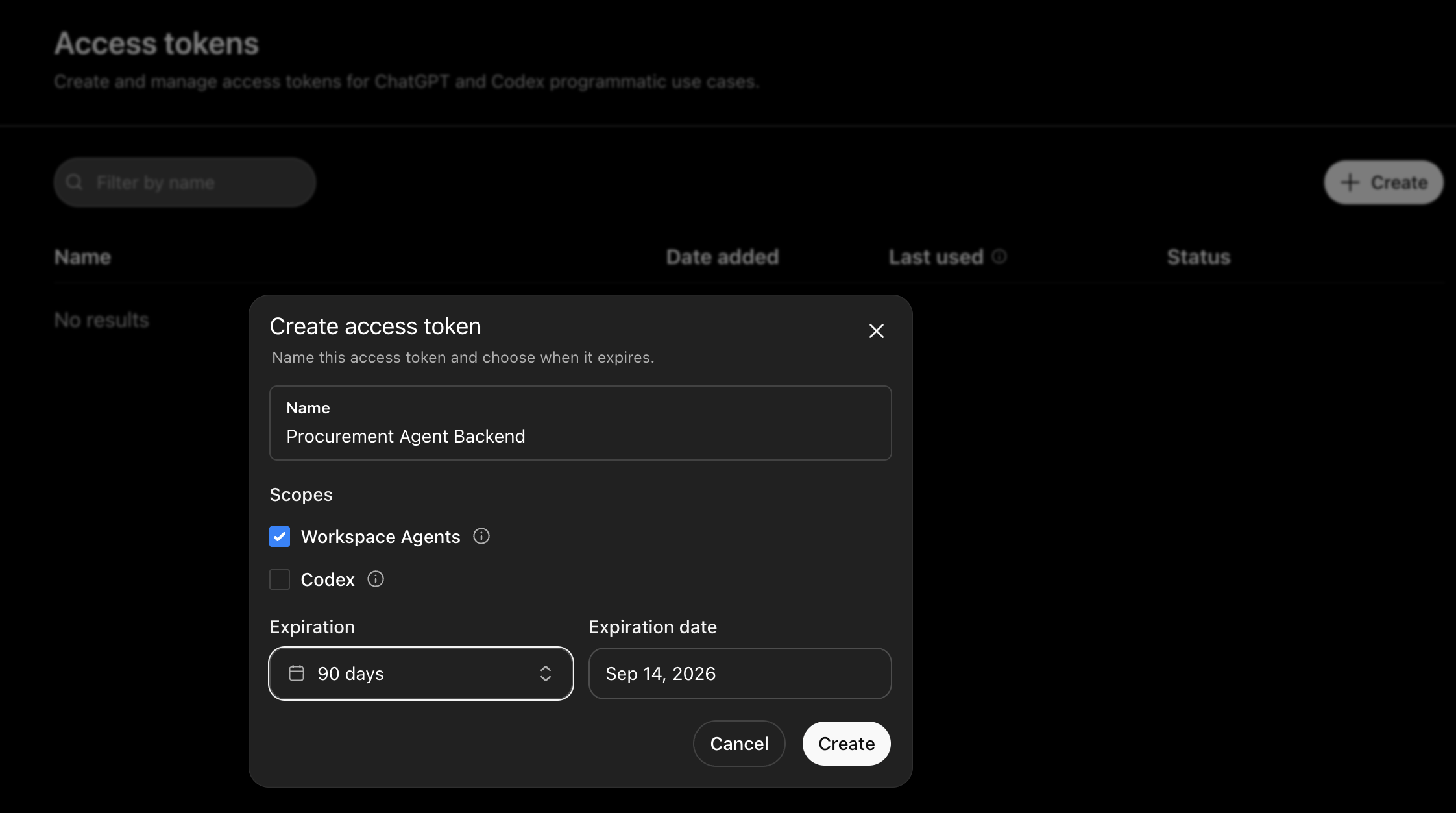 Access token settings with Workspace Agents scope