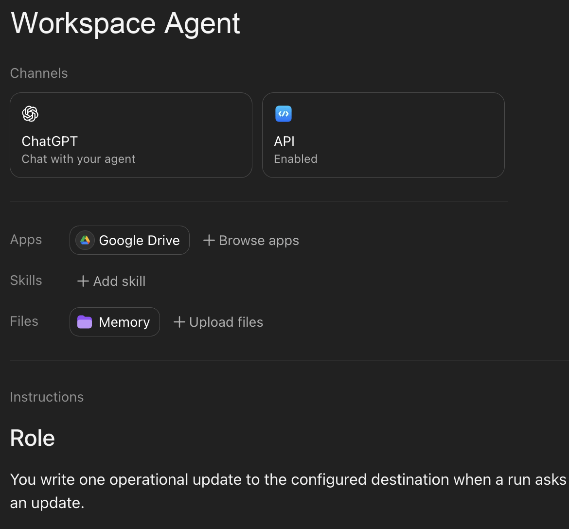 Workspace Agent builder showing channels, connected apps, files, and instructions