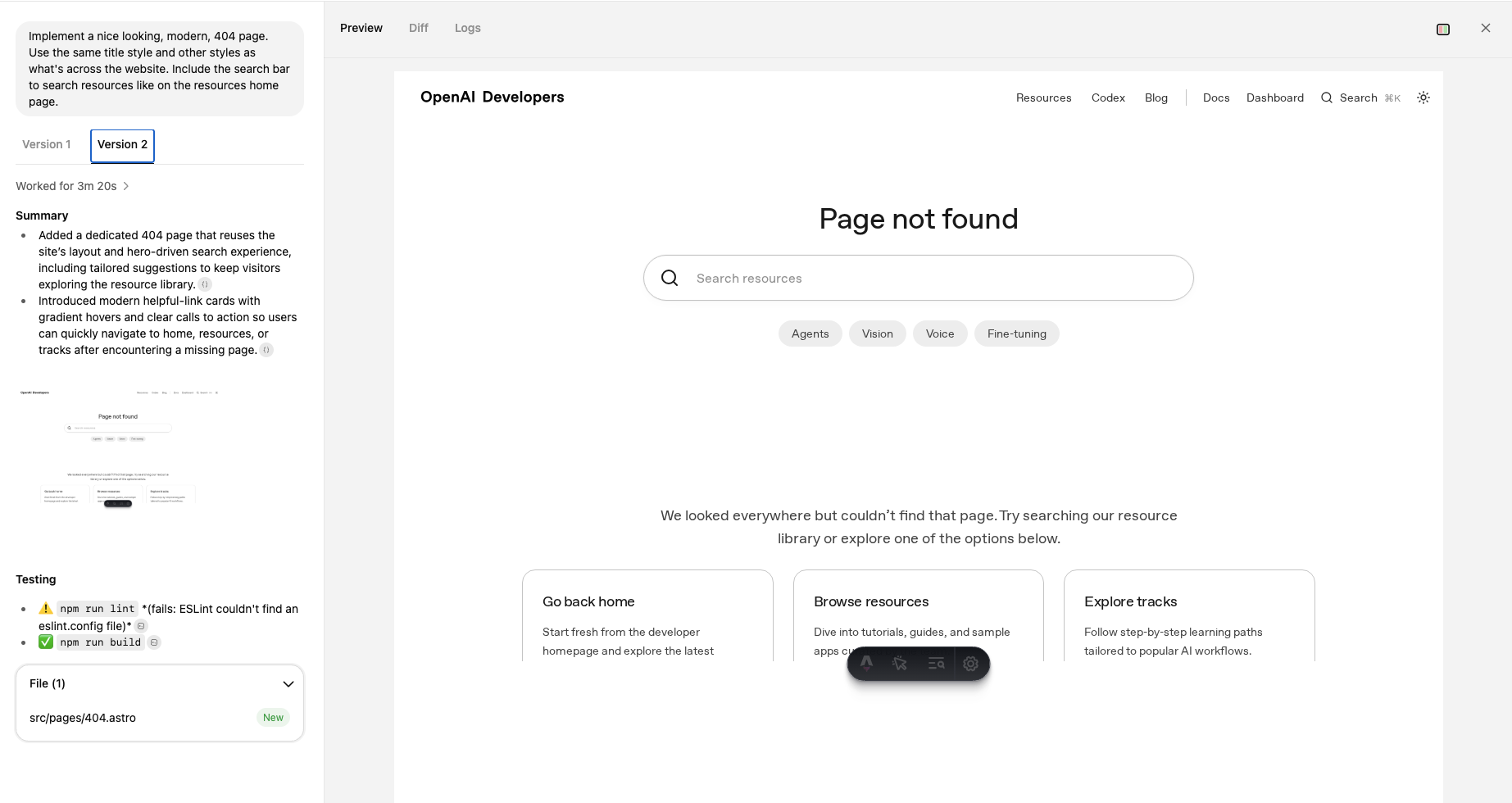 Screenshot of Codex Web incl. a preview of the 404 page