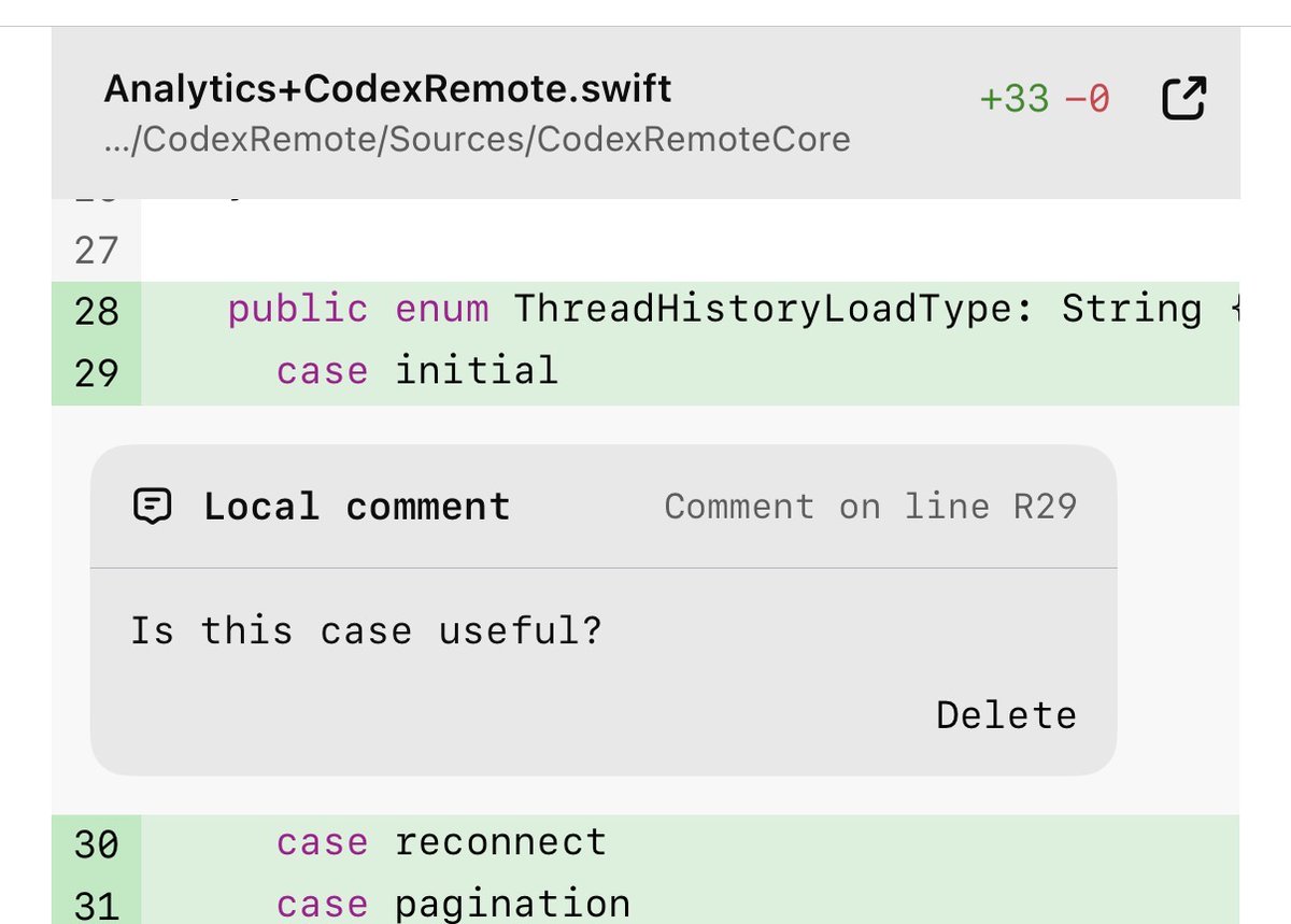 Remote diff with an inline review comment