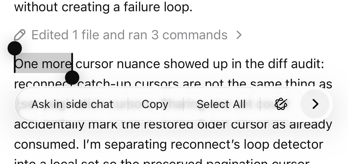 Selected transcript text with the Ask in side chat action