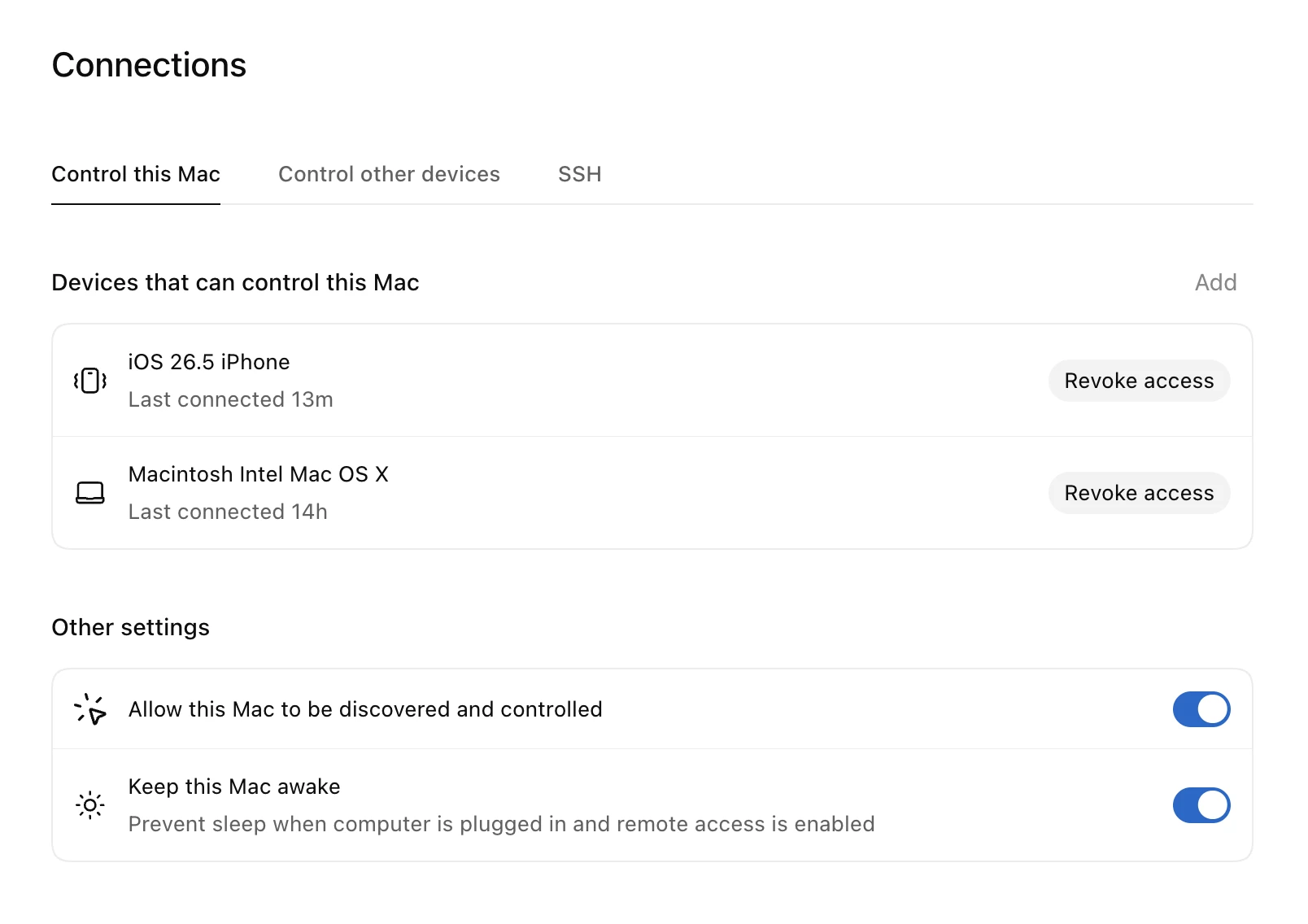 An iPhone and a Mac listed as paired devices in Connections
