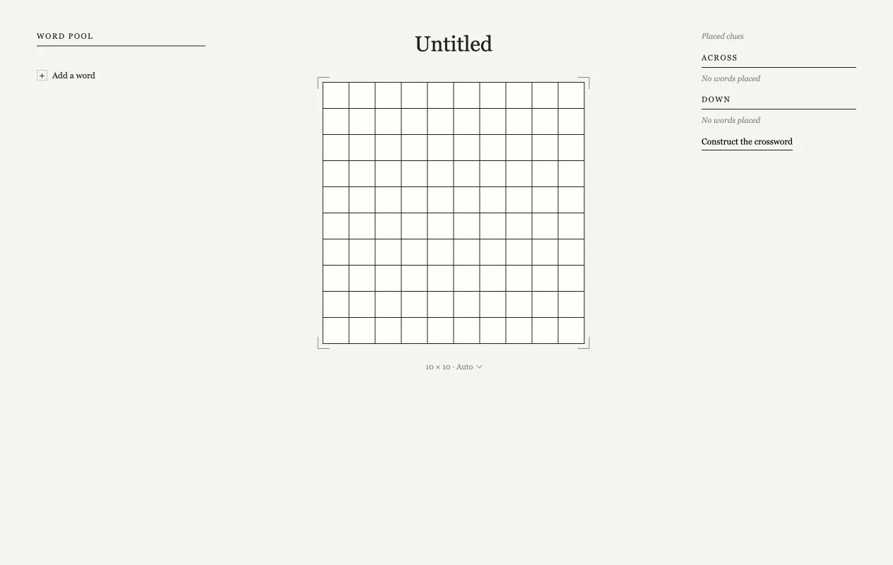 The original Crossword Desk editor with an empty grid, word pool, and clue panels.
