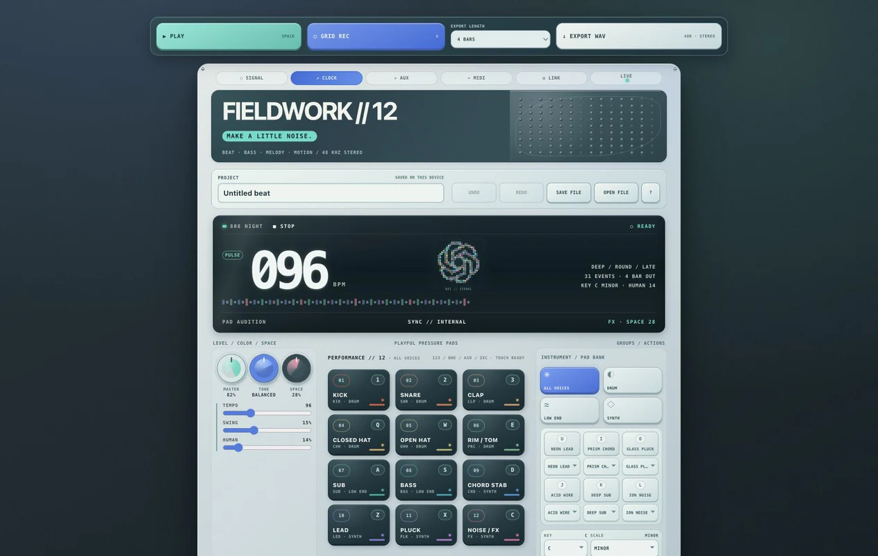 The original Fieldwork // 12 beat-machine screen with its transport bar, tempo display, pads, knobs, and instrument controls.