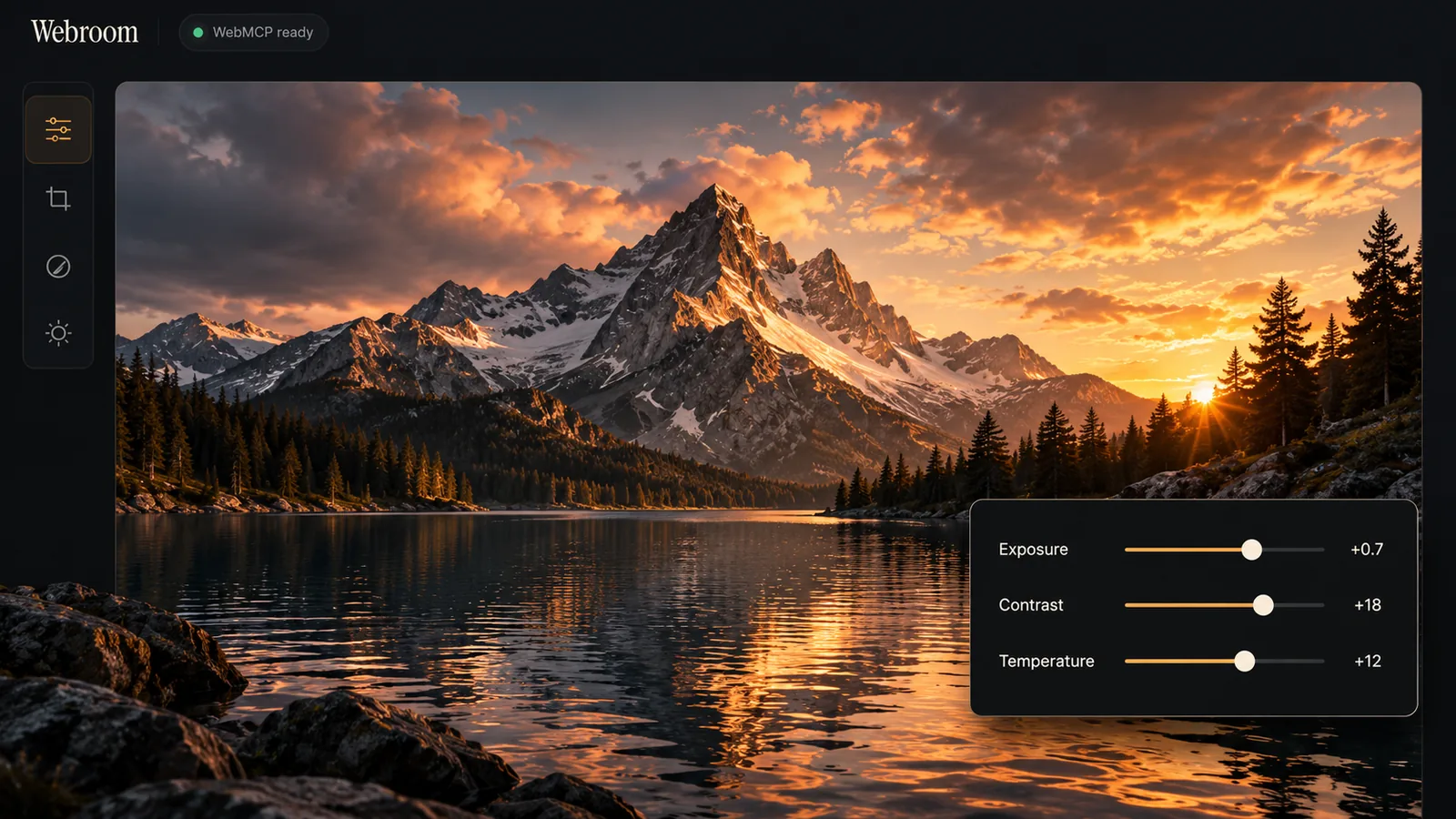 The original Webroom editor image with its header, mountain photograph, tool rail, and exposure, contrast, and temperature controls.